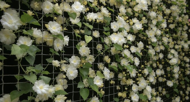 White Flowers Climbing a Wire Mesh Fence, Floral Background, Garden Decor, Nature Photography