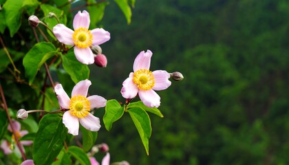 Fototapeta premium Delicate pink flowers in a lush green setting