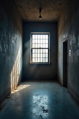 Obraz premium Ethereal Light in a Stark Minimalist Jail Cell Unexpected Beauty and Contrasting Textures of Iron, Concrete, and Soft Light. A Study in Confinement and Hope.