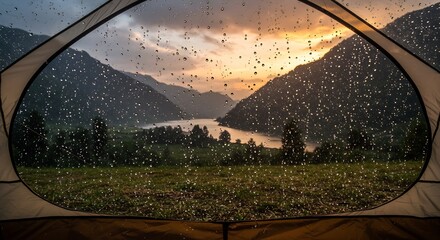 雨上がりの夕焼け美しい湖、テントから眺める静かな風景. AI Generated