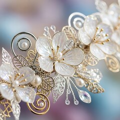 Fototapeta premium Artistic floral hair accessories with pearl embellishments for formal events