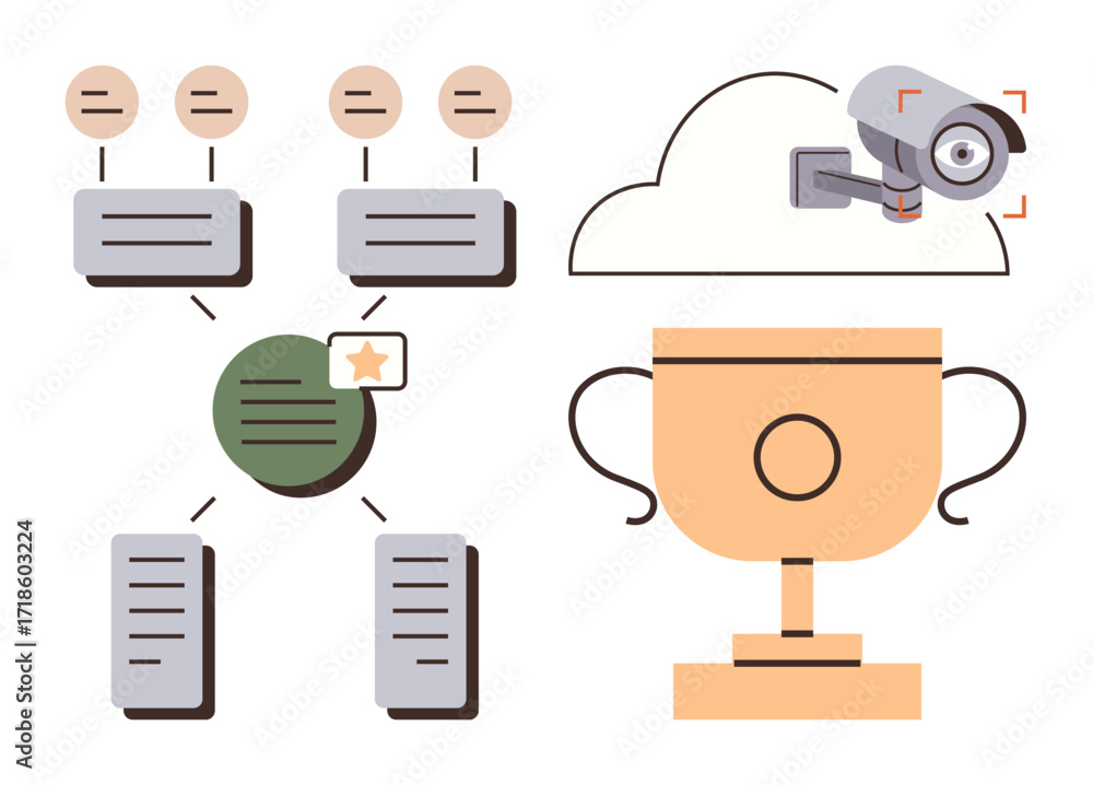 Poster network diagram with cloud storage, security camera, hierarchical data flow, and trophy. ideal for d