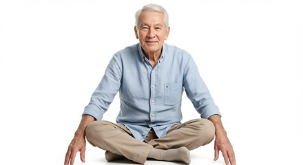 穏やか笑顔の年配男性、白い背景で瞑想する姿. AI Generated