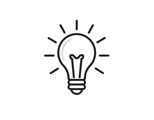 Simple, outlined lightbulb icon against a black background.  A lightbulb shape, with a filament and a  glowing effect around the center