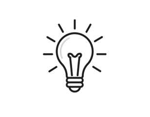 Simple, outlined lightbulb icon against a black background.  A lightbulb shape, with a filament and a  glowing effect around the center