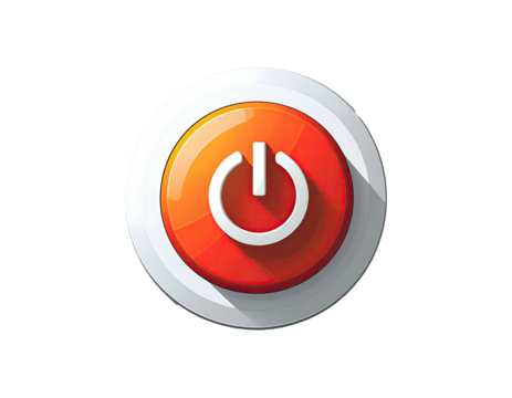 Round, orange power button icon with white outline and inner circle