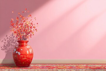 Red vase with small orange flowers on a pink wall