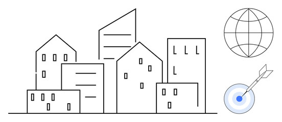 Minimalist city skyline, globe, and target with arrow conveying global expansion, urban growth, and goal-oriented success. Ideal for business, networking, urban planning, entrepreneurship growth