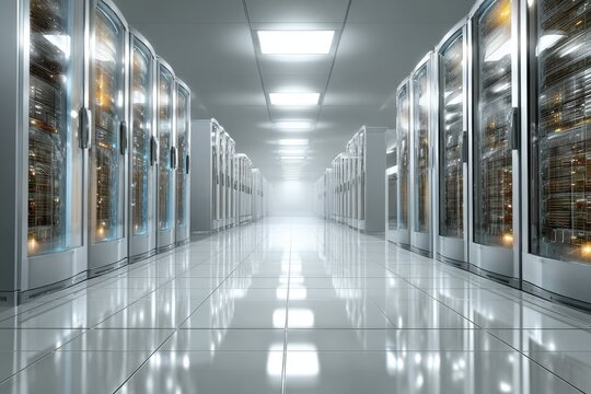 Bright, clean server room; rows of gleaming racks