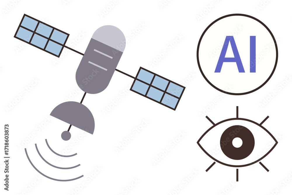 Poster satellite emitting signals, accompanied by an ai label and an eye icon symbolizing artificial intell