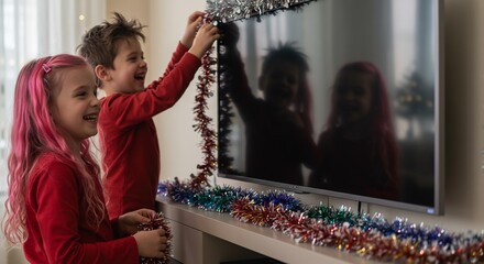 子供たち笑顔でテレビ飾り付け キラキラ光る飾り付け 幸せなクリスマス準備. AI Generated