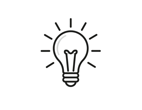 Simple lightbulb icon, outlined in white against a black background.  Rays radiate outwards from the bulb