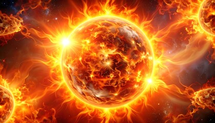 Fiery celestial body engulfed in flames, cosmic backdrop