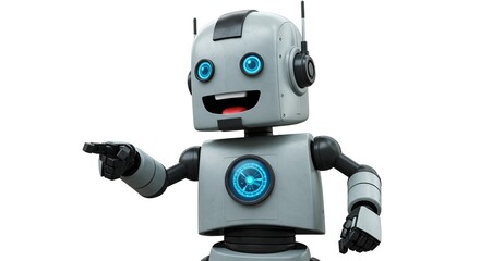 Friendly grey robot with glowing blue eyes points forward with a cheerful expression.