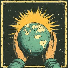 Earth held in hands, celestial rays