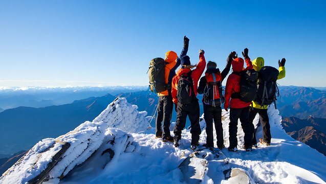 Group of hikers celebrating on a snowy mountain summit with arms raised