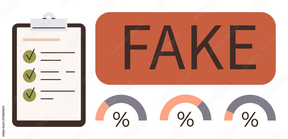 Poster clipboard with checklist, fake tag in bold, and data graphs with percentages. ideal for misinformati