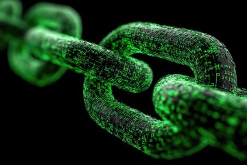 Glowing green digital chain links against black background