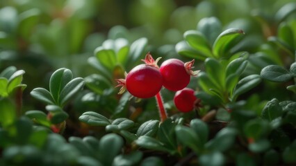 Obraz premium Close-up of bright red berries nestled amongst lush green foliage