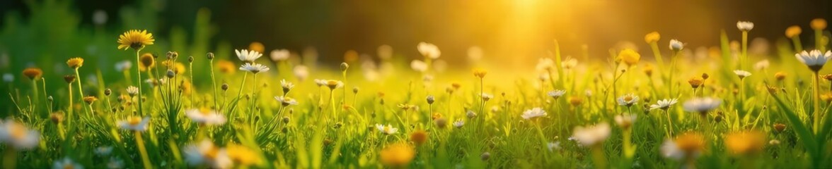 Fototapeta premium Golden hour sunlight bathes lush green meadow with wildflowers in full bloom Perfect for summer, nature, and outdoor themes Idyllic scene of vibrant natural beauty , wildflower meadow, pastoral