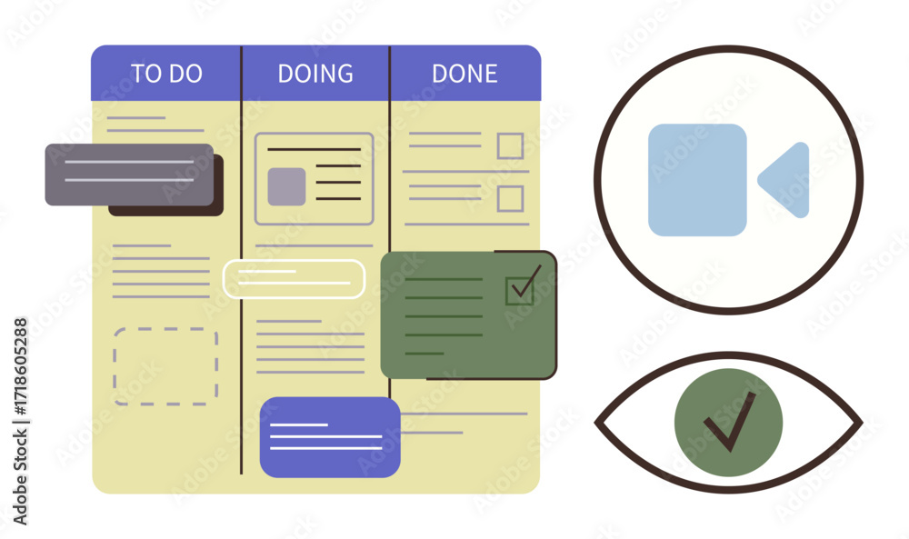 Poster collaborative workflow visualized with cards on a task board, including video and review icons. idea