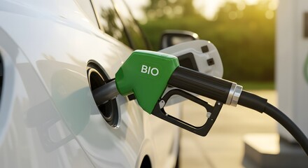 Refueling White Car with Sustainable Green Bio Fuel at Gas Station