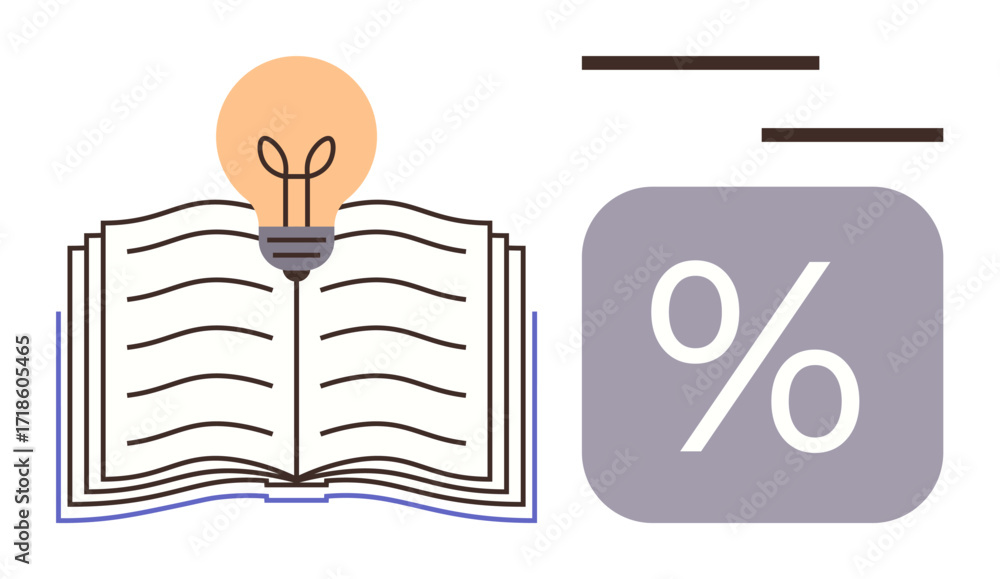 Poster open book with lightbulb symbolizing knowledge and innovation, paired with percentage sign for data 