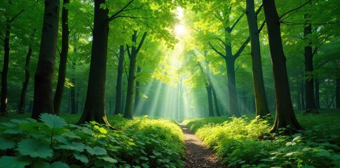 Fototapeta premium Sun-dappled Forest Canopy Lush Green Summer Ecosystem, Perfect Nature Backdrop for Ecology and Environment Themes
