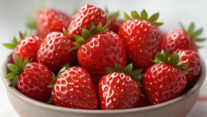 Close-up of fresh strawberries in a bowl.  Ripe, red berries with green tops