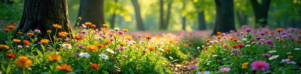 Lush wildflowers carpet a sun-dappled forest floor, creating a vibrant and idyllic natural scene Perfect for nature, spring, and environmental themes , flora, summer bloom, tranquil