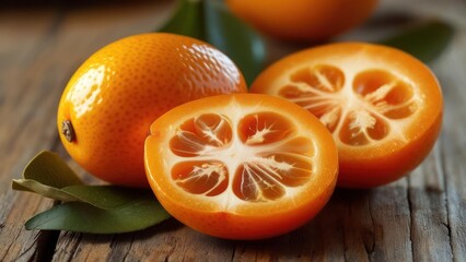 Close-up of Kumquats, whole and halved, on a rustic wooden surface