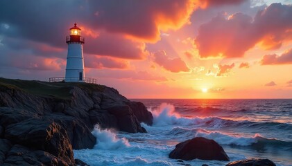 Majestic Lighthouse with Crashing Waves at Sunset A Symbol of Coastal Resilience