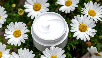 Cream jar surrounded by daisies