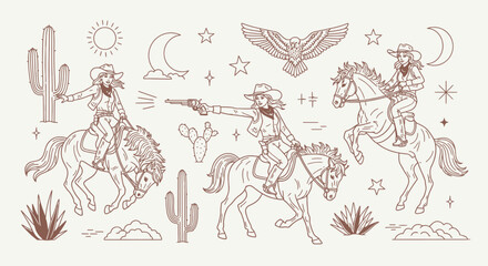 Dynamic cowgirls on horseback with revolvers, desert cacti, sun, moon, and eagle create a vibrant western adventure scene.