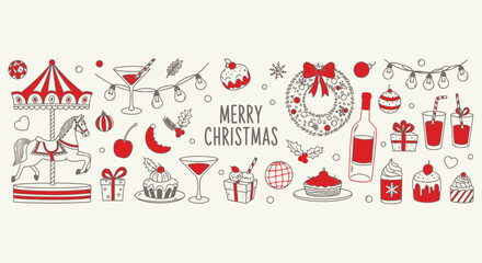 Festive hand-drawn Christmas elements celebrating holiday cheer with a carousel, treats, drinks, and gifts perfect for festive designs