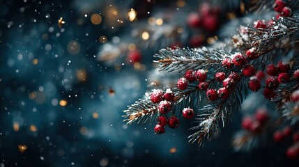 Christmas scene with pine branches dusted with snow, red berries, falling snowflakes and warm glowing bokeh lights, magical winter background perfect for cards and seasonal designs