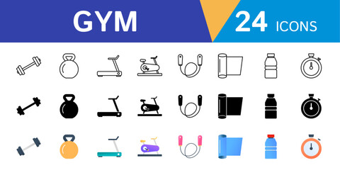 Collection of gym icons such as Dumbbell, Treadmill, Jump Rope, Stopwatch and more.