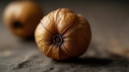 Close-up of two dried, light brown fruits