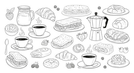 Delicious breakfast spread featuring coffee, sandwiches, pastries, and fresh berries, perfect for cafe menus and lifestyle promotions.