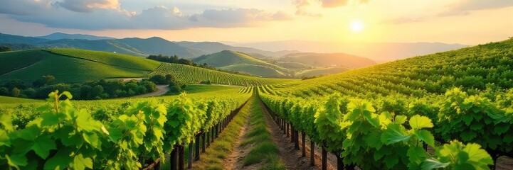 Fototapeta premium Sun-drenched vineyard landscape, rolling hills covered in lush green vines stretching to the horizon, picturesque countryside scene , leaf, sky, landscape