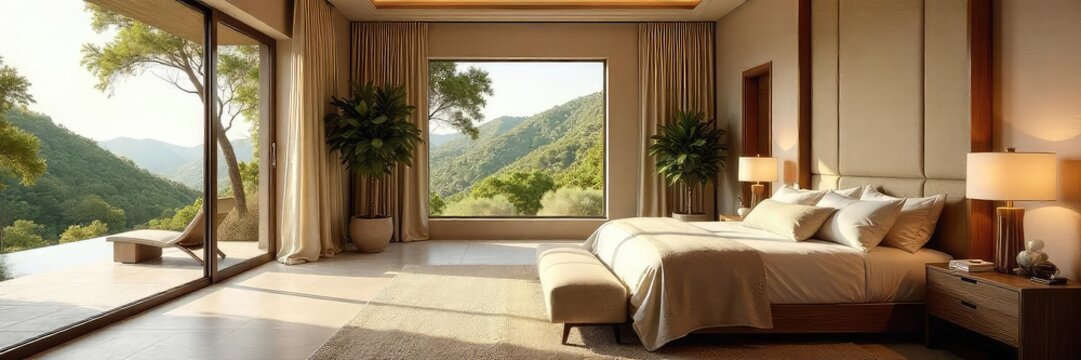 Sun-drenched master suite with high ceilings, opulent furnishings, and expansive windows overlooking a lush landscape A picture of ultimate relaxation and refined living , greenery, garden, room