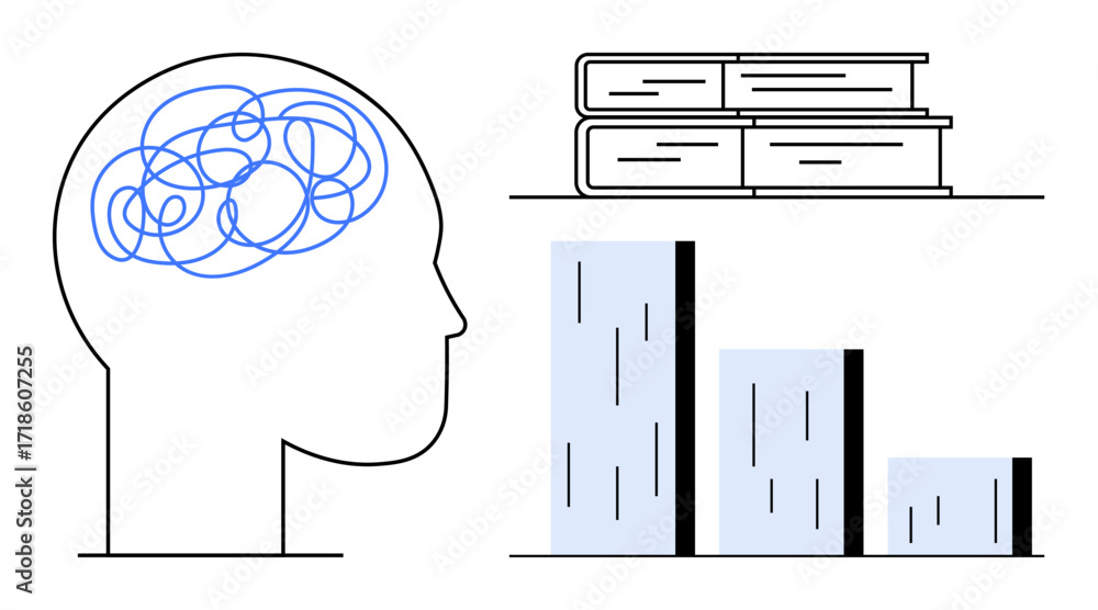 Poster human head with tangled lines inside, books symbolizing knowledge, and bar graph for data analysis. 