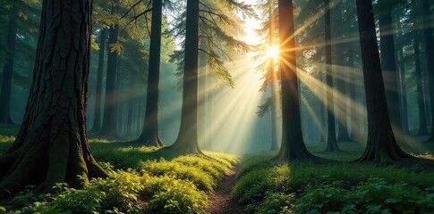 Obraz premium Majestic Sunlight Dapples Through Old-Growth Forest Canopy, Illuminating Towering Trees and Lush Undergrowth, Peaceful Wilderness Scene
