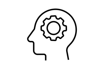 This image is a simple line drawing of a human head in a side profile. Inside the head, a gear icon is depicted in the position of the brain.