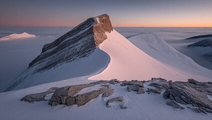 Snowy mountain peak at dawn, with a soft light