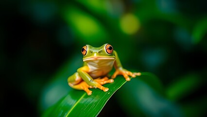 Fototapeta premium Tree frog perched on tropical leaf, wildlife in natural habitat.
