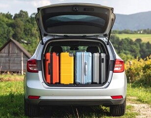 A silver car trunk filled with colorful suitcases