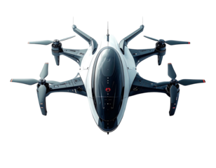 Futuristic, multirotor drone with a sleek, aerodynamic design, featuring four propellers and a large, transparent cockpit
