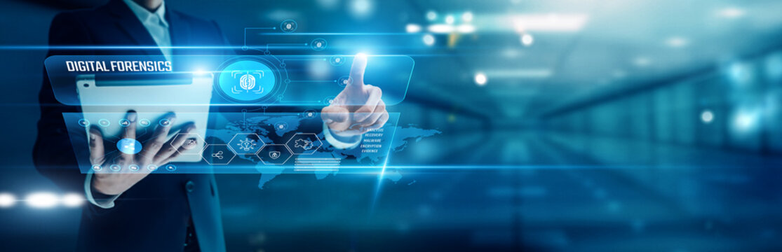 Businessman analyzing global networks digital forensics, cyber investigation, data recovery, malware analysis, evidence preservation, fraud detection, forensic tools, compliance auditing - Powered by Adobe