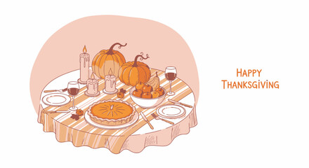 Celebrate autumn's bounty with a warm Thanksgiving feast featuring pumpkins, pie, and festive candles, perfect for holiday greetings © AgnaPutri